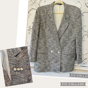 BACK BAY TWEED DOUBLE BREASTED BLAZER MADE IN USA FREE PEARL SAFETY PIN BROOCH